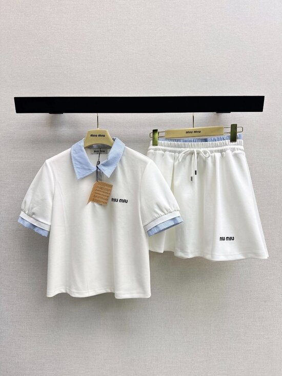 Miu Miu Tops - Miu Miu 2‑Piece Set Striped Collar Polo Top & Drawstring Skort White Blue M